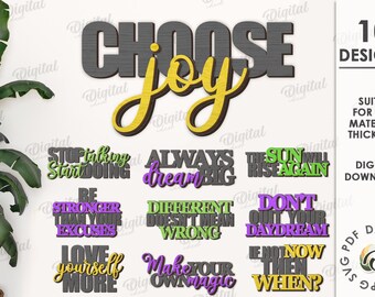 Pacchetto di citazioni motivazionali in 3D, decorazioni per la casa tagliate al laser, decorazioni da parete, detti positivi in formato SVG, frasi ispiratrici in formato SVG, insegne a strati