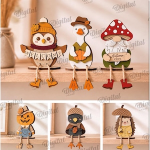 May include: A collection of 10 wooden shelf-sitter designs featuring autumn-themed characters like an owl, goose, gnome, pumpkin, and hedgehog. Each figure is 3 mm thick and includes dangling legs. The text includes 10 DESIGNS, MATERIAL WIDTH: 3 MM, and DIGITAL DOWNLOAD.
