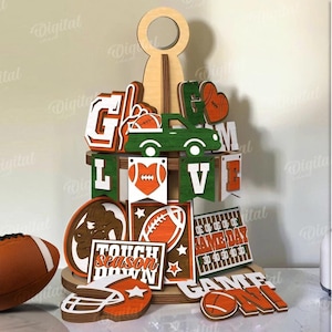 3D American football tier tray decor bundle, home decor sign laser cut, rugby tiered tray set, wall sign svg, football quotes, sports