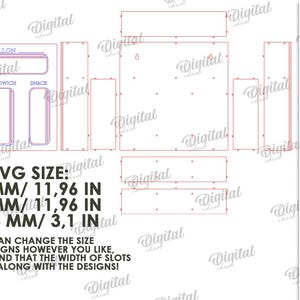 May include: A digital download of a laser cut design for a beverage dispenser with three slots labeled "Gallon", "Quart", and "Sandwich". The design is for a 3 mm thick material and includes the average size of the slots in both inches and millimeters. The design is available in DXF, EPS, PNG, PDF, JPG, and SVG formats.