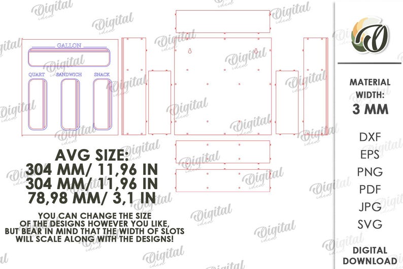 May include: A digital download of a laser cut design for a beverage dispenser with three slots labeled "Gallon", "Quart", and "Sandwich". The design is for a 3 mm thick material and includes the average size of the slots in both inches and millimeters. The design is available in DXF, EPS, PNG, PDF, JPG, and SVG formats.
