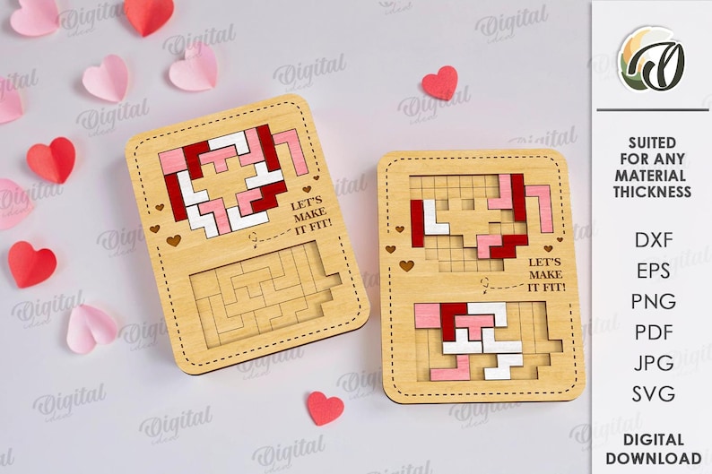 May include: Two wooden puzzle games with red, pink, and white block designs and the text "LET'S MAKE IT FIT!" are displayed. The puzzles are surrounded by paper hearts in shades of red and pink, creating a romantic theme.