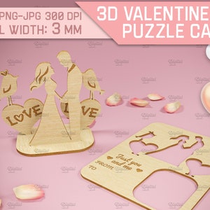 Tarjeta de felicitación cortada con láser del día de San Valentín 3D, regalo personalizado de San Valentín, soporte de tarjeta de amor, amantes, tarjeta emergente de madera, pareja svg, amor svg