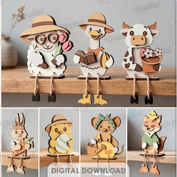 3D Spring animals shelf sitters bundle, animal stand laser cut files, wooden home decor, kids svg, cute farm animals, bunny, sheep, chick
