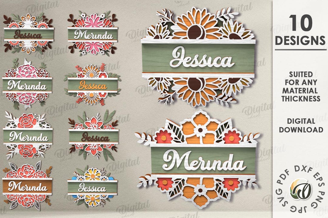 3D Custom Floral Wall Signs Bundle, Split Monogram Sign Laser Cut ...