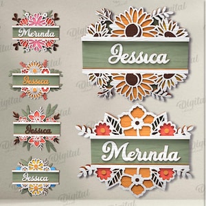 3D Custom floral wall signs bundle, split monogram sign laser cut, personalized wooden wall decor, boho layered home wall hanger svg