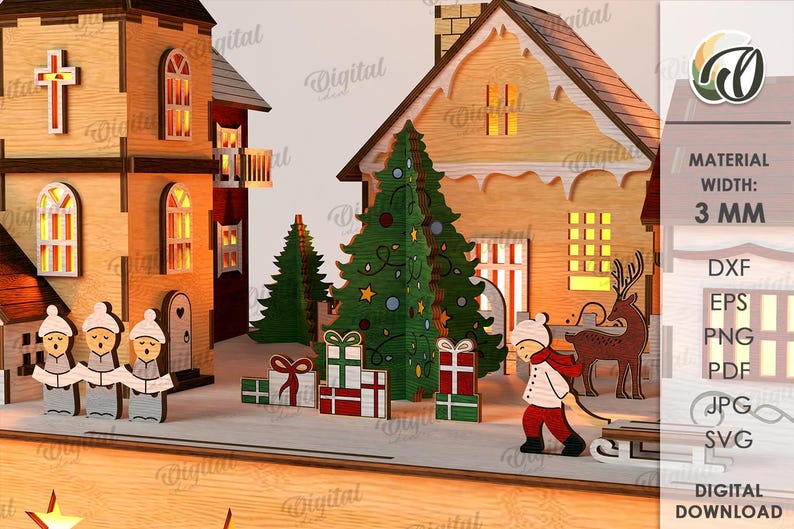 May include: A laser-cut Christmas village scene with buildings, trees, and figures. The scene includes a church with a cross, houses, carolers, a child pulling a sled, and a reindeer. The material width is 3 mm.