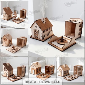 Puede incluir: Una colección de 10 diseños de casas de madera cortadas con láser para quemadores de incienso, con un grosor de material de 3 mm. El set incluye varias estructuras de casas con chimeneas, bases y soportes en formatos DXF, EPS, PNG, PDF, JPG y SVG.