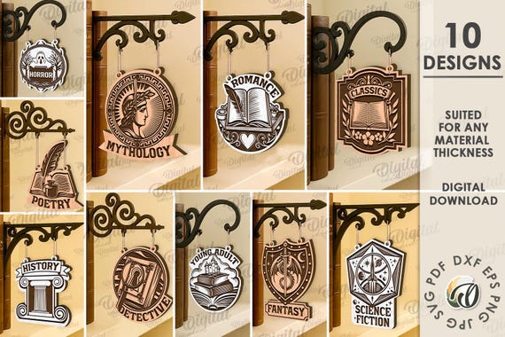 3D Book genre dividers bundle, bookshelf divider tab laser cut, reading svg, genre markers, vintage library sign, book lover decor