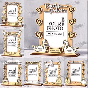 3D personalisierte Hochzeit Bilderrahmen Bundle, frisch vermählten Rahmen mit Ständer Laserschnitt, Fotoanzeige, Liebe Zitate svg, Datum und Namen Rahmen