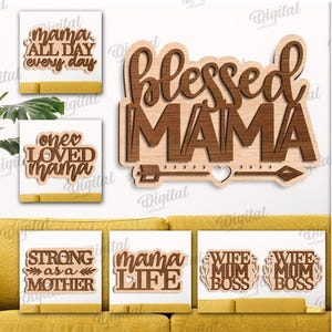 以下が含まれることがあります： レーザーカット用のデジタルデザイン10点。"Blessed Mama"、"Mama All Day Every Day"、"Wife Mom Boss"など、母親に関連するさまざまなフレーズが特徴です。