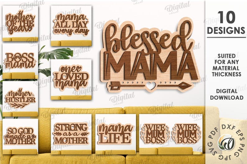 以下が含まれることがあります： レーザーカット用のデジタルデザイン10点。"Blessed Mama"、"Mama All Day Every Day"、"Wife Mom Boss"など、母親に関連するさまざまなフレーズが特徴です。