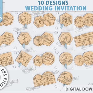 May include: Ten different designs for wedding invitations, each with a unique design featuring floral elements and the text "Ann & Nick". The designs are suitable for any material thickness and are available as a digital download.