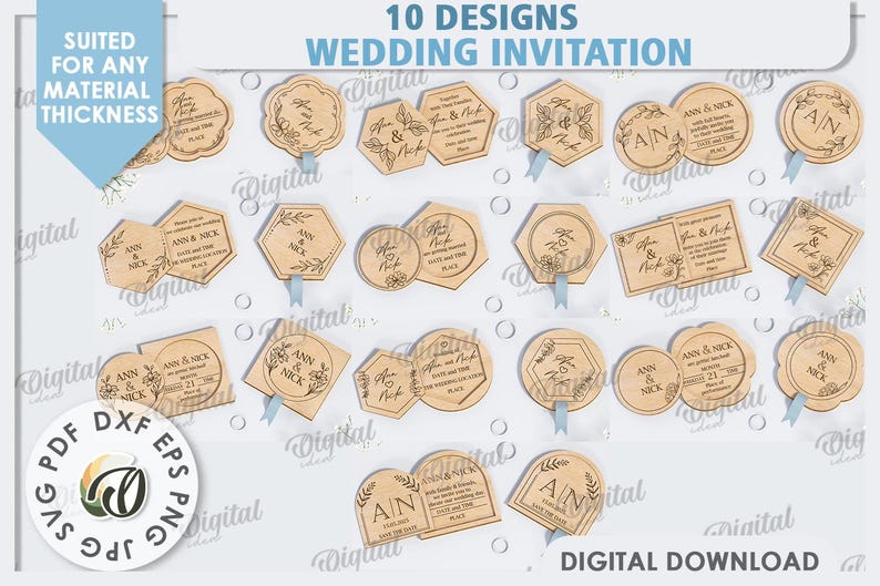 May include: Ten different designs for wedding invitations, each with a unique design featuring floral elements and the text "Ann & Nick". The designs are suitable for any material thickness and are available as a digital download.