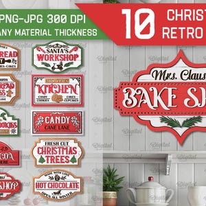 Puede incluir: Diez letreros retro navideños con varios diseños, que incluyen una panadería de pan de jengibre, el taller de Santa Claus, una cocina, un carril de bastones de caramelo, árboles de Navidad recién cortados, chocolate caliente y la tienda de repostería de la Sra. Claus. Los letreros son todos de estilo vintage con colores rojo, blanco y verde.