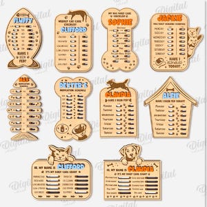 Op de afbeelding: Tien digitaal te downloaden ontwerpen voor huisdierverzorgingschecklists. De ontwerpen bevatten een verscheidenheid aan huisdierthema's, waaronder een vis, een bot en een hondenhok. Elk ontwerp bevat een checklist voor dagelijkse of wekelijkse verzorging, met ruimte voor huisdiernamen en taken. De ontwerpen zijn geschikt voor elke materiaaldikte.