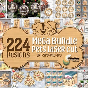 May include: A digital download bundle of 224 pet-themed laser cut designs. The designs feature a variety of animals, including dogs, cats, and birds. The designs are perfect for creating personalised gifts, home decor, and more.