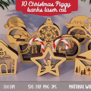 Christmas piggy banks bundle, Christmas 3D laser cut files, Xmas money box, Coin bank, Santa claus, reindeer, Christmas elf, cash box