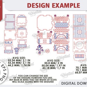 May include: A digital design template for a 3D model of a gingerbread house. The design includes a variety of shapes and sizes, with an average size of 2.1 inches. The design is available in PDF, DXF, EPS, SVG, and JPG formats. You can change the size of the designs however you like, but bear in mind that the width of slots will scale along with the designs.