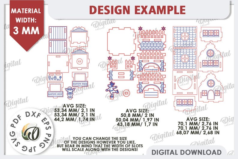 May include: A digital design template for a 3D model of a gingerbread house. The design includes a variety of shapes and sizes, with an average size of 2.1 inches. The design is available in PDF, DXF, EPS, SVG, and JPG formats. You can change the size of the designs however you like, but bear in mind that the width of slots will scale along with the designs.