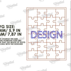 May include: A digital design for a puzzle, featuring a rectangular frame with puzzle piece outlines. The word "DESIGN" is in blue within the puzzle. Average sizes are 150 mm and 200 mm. The material width is 3 mm.