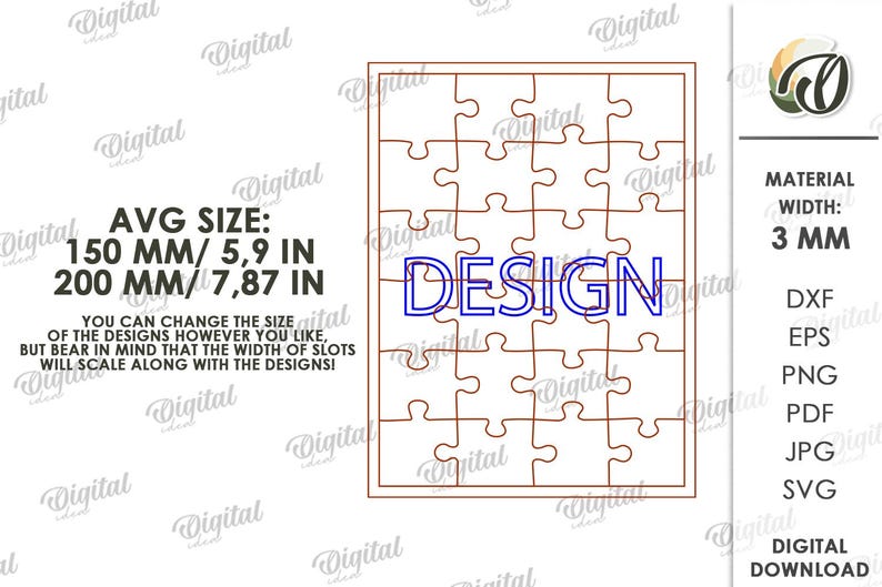 May include: A digital design for a puzzle, featuring a rectangular frame with puzzle piece outlines. The word "DESIGN" is in blue within the puzzle. Average sizes are 150 mm and 200 mm. The material width is 3 mm.