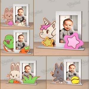 3D Kids photo frames bundle, picture frame with stand laser cut, baby photo display, wooden picture frame, nursery decor, cute animals svg