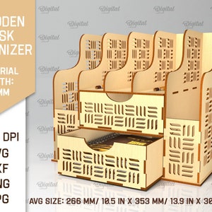May include: A wooden desk organizer with a geometric pattern. It has four compartments and two drawers. The organizer is made of 4 mm thick wood and measures 10.5 inches by 13.9 inches by 12 inches.