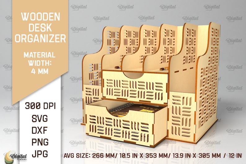 May include: A wooden desk organizer with a geometric pattern. It has four compartments and two drawers. The organizer is made of 4 mm thick wood and measures 10.5 inches by 13.9 inches by 12 inches.