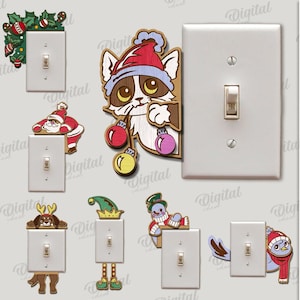Puede incluir: Una colección de diez cubiertas de interruptores de luz con temática navideña. Los diseños incluyen un gato con gorro de Papá Noel, un reno, Papá Noel y otros personajes festivos. La descarga digital es adecuada para cualquier grosor de material.