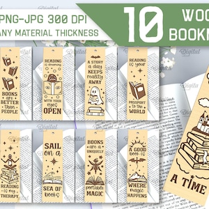 May include: Ten wooden bookmarks with various book-themed designs and quotes. The bookmarks are beige with brown illustrations and text. Some of the quotes include "Reading is my therapy", "Books are a uniquely portable magic", and "Once upon a time".