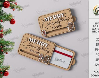 3D Christmas sliding gift card holder, gift card box laser cut, Merry Christmas SVG, wooden gift card case with a slider, gift card keeper