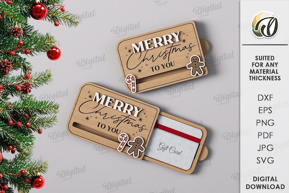 3D Christmas sliding gift card holder, gift card box laser cut, Merry Christmas SVG, wooden gift card case with a slider, gift card keeper
