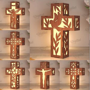Puede incluir: Diez diseños diferentes para lámparas de noche de madera talladas con láser en forma de cruz. Cada cruz tiene 3 mm de grosor y presenta una variedad de diseños intrincados, que incluyen patrones florales, palomas y símbolos religiosos. Los diseños son perfectos para crear regalos únicos y personalizados.