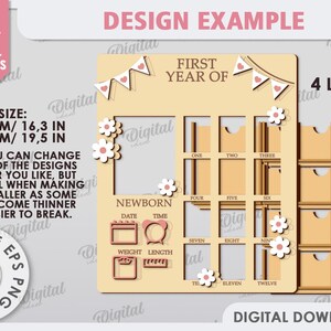 May include: A digital download design for a layered, multi-part baby's first year memory board. The design includes a calendar with spaces for each month, a newborn section with spaces for date, time, weight, and length, and a section for each month of the year. The design is 16.3 inches by 19.5 inches and is available in PDF, DXF, SVG, EPS, and JPG formats.
