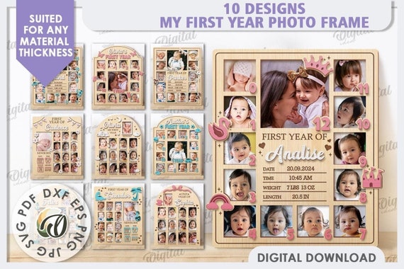 3D My first year photo frames bundle, baby picture frame lasercut, newborn stats frame, new baby chart, personalized svg, wall hanging frame