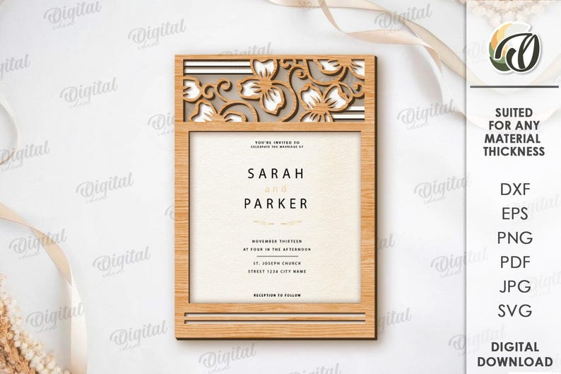 May include: A wooden wedding invitation with a floral laser-cut design at the top. The invitation includes the names "SARAH and PARKER" and event details. The design is suitable for any material thickness and is available for digital download.