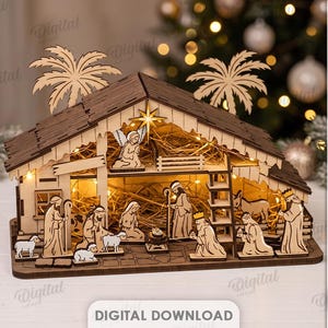 Laser Cut Nativity Scene SVG, 3D Christmas Manger Stable, Holy Family Bethlehem Display, Wooden Nativity Set, Religious Christmas Decor DXF