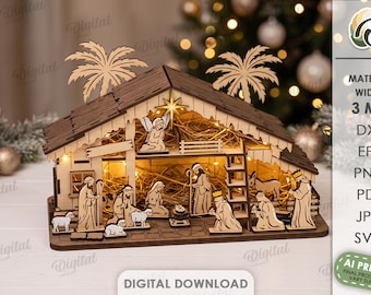 Laser Cut Nativity Scene SVG, 3D Christmas Manger Stable, Holy Family Bethlehem Display, Wooden Nativity Set, Religious Christmas Decor DXF