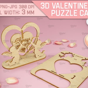 Tarjeta de San Valentín 3D con cupidos, regalo de San Valentín, soporte de tarjeta de amor cortado con láser, tarjeta de felicitación emergente de madera, amor svg, siempre contigo