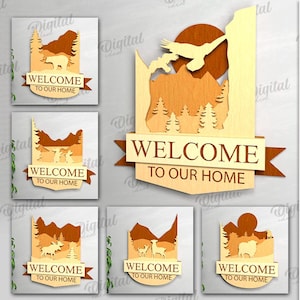 Pacchetto di cartelli di benvenuto 3D, cartello sospeso a strati tagliato al laser, scena della natura SVG, carta da parati artistica 3D tagliata, cartello da parete in formato svg, paesaggio, cartello di benvenuto