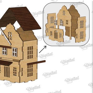 May include: A wooden house model with a brown roof and light brown walls. The model is unassembled, with separate pieces for the walls, roof, and decorative elements. The image also shows a smaller, assembled version of the house. The material width is 3 mm.