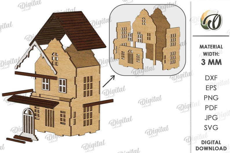 May include: A wooden house model with a brown roof and light brown walls. The model is unassembled, with separate pieces for the walls, roof, and decorative elements. The image also shows a smaller, assembled version of the house. The material width is 3 mm.