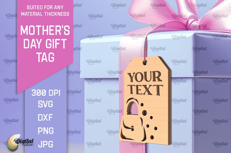 May include: A wooden gift tag with a cut-out design of a handbag. The tag is light brown and has the text "YOUR TEXT" in dark brown lettering. The tag is tied with a pink ribbon to a light blue gift box.