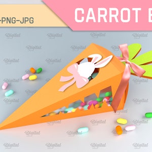 Pode incluir: Uma caixa de cenoura imprim&iacute;vel em 3D com um recorte de coelho e um la&ccedil;o rosa. A caixa est&aacute; cheia de doces coloridos e tem uma parte superior verde com folhas. O texto "CARROT BOX" est&aacute; impresso na parte superior da imagem.