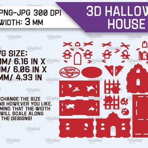 K&ouml;nnte beinhalten: Roter 3D-Halloween-Hausentwurf mit verschiedenen ausgeschnittenen Formen, darunter H&auml;user, Z&auml;une und Flederm&auml;use. Durchschnittliche Gr&ouml;&szlig;e: 156,5 x 154,0 x 110,0 mm. Das Design enth&auml;lt den Text "Happy Halloween".