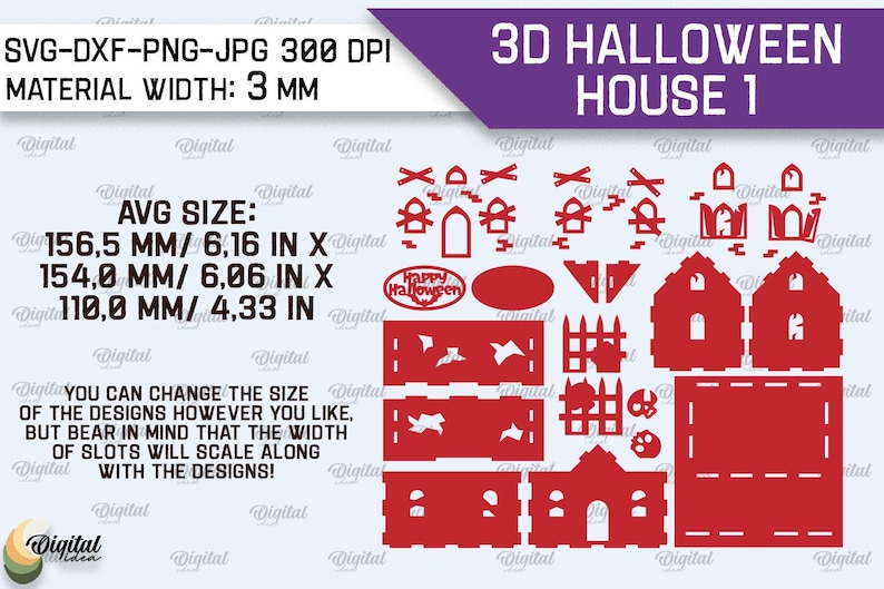 K&ouml;nnte beinhalten: Roter 3D-Halloween-Hausentwurf mit verschiedenen ausgeschnittenen Formen, darunter H&auml;user, Z&auml;une und Flederm&auml;use. Durchschnittliche Gr&ouml;&szlig;e: 156,5 x 154,0 x 110,0 mm. Das Design enth&auml;lt den Text "Happy Halloween".