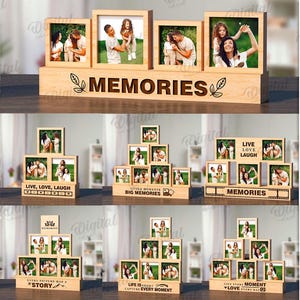 Può includere: Dieci diversi design per una cornice per foto in legno con una varietà di layout per più foto. Le cornici sono etichettate con le parole "Ricordi", "Vivere, amare, ridere", "Piccoli momenti, grandi ricordi", "Storia", "La vita è ogni momento", e "Amare ogni momento".
