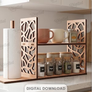 Organizador de cocina 3D, soporte para tazas (archivos de corte láser), especiero (SVG), estante de encimera, soporte para rollo de papel, patrón geométrico.