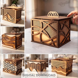 May include: A collection of ten square wooden boxes with laser-cut decorative panels and lids featuring various geometric and nature-inspired patterns. The text indicates 10 designs, a material width of 3 mm, and file formats DXF, EPS, PNG, PDF, JPG, and SVG.
